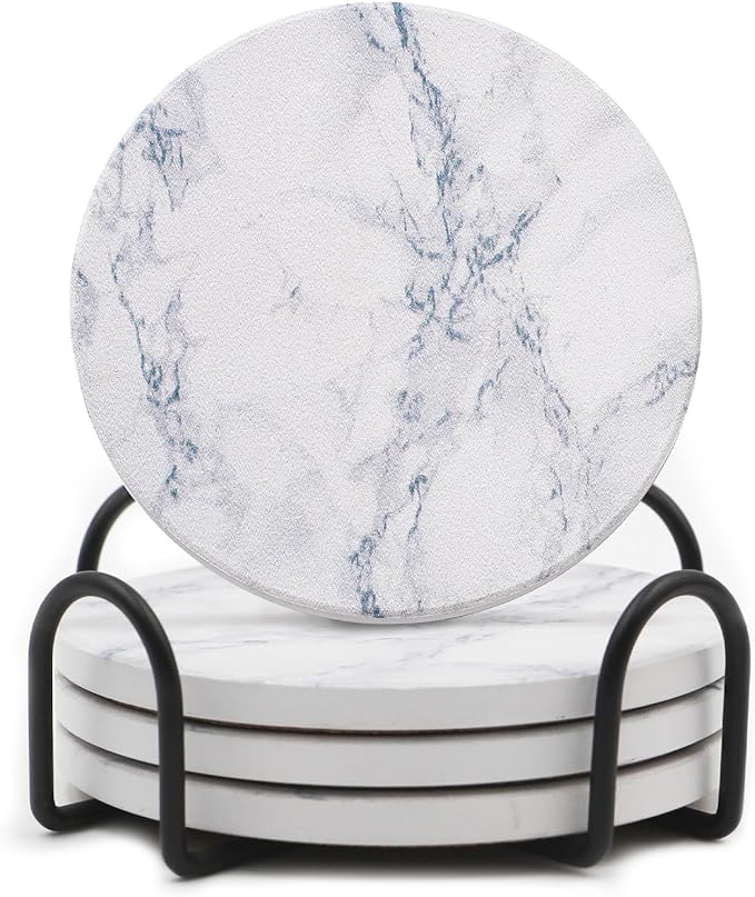 LIFVER Absorbent Coaster Sets of 4, Drink Coasters with Holder, White Marble Style Ceramic Drink Coaster for Tabletop Protection, Suitable for Kinds of Cups and Wooden Table, Cool Home Decor, 4 Inches