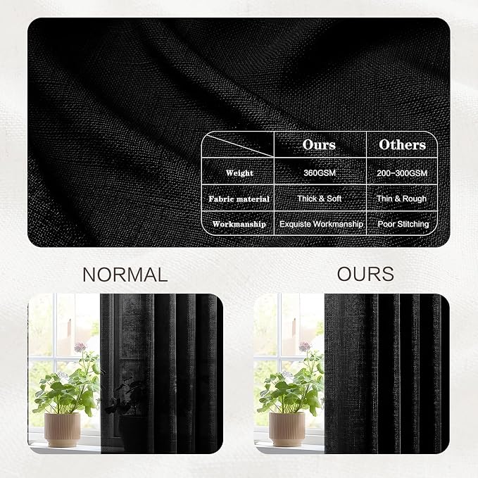 Black 90 Inch Curtains Pinch Pleated Linen Curtain for Living Room, Floor to Ceiling Light Filtering Pleat Drapes Textured Thick Semi-Sheer Curtains with Hooks for Bedroom Sturdy Room, 2 Panels