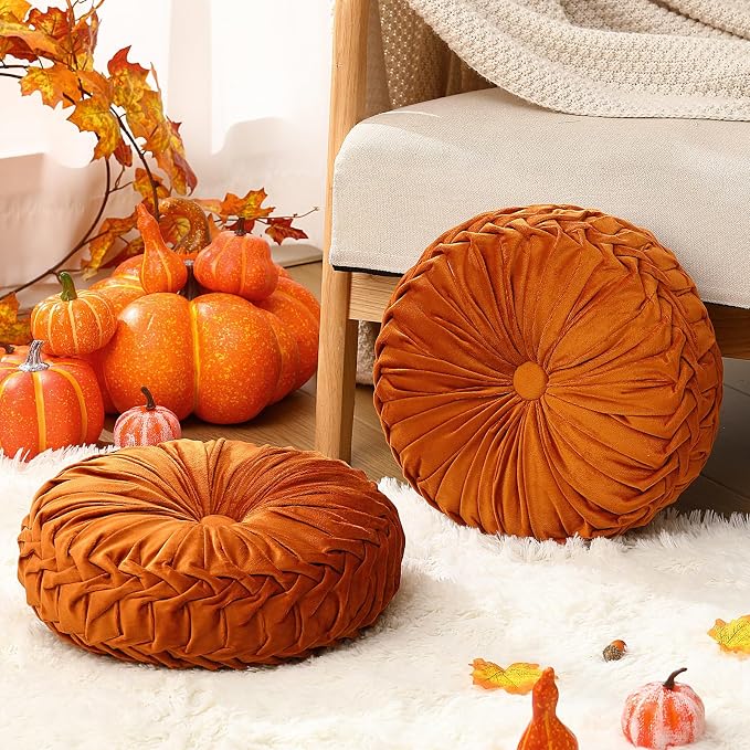 Beeveer 2 Pcs Round Throw Pillows 15 Inch Decorative Velvet Pleated Pumpkin Pillows Boho Floor Pillow with Center Button for Living Room Couch Chair Bed Sofa Home Decoration (Orange)