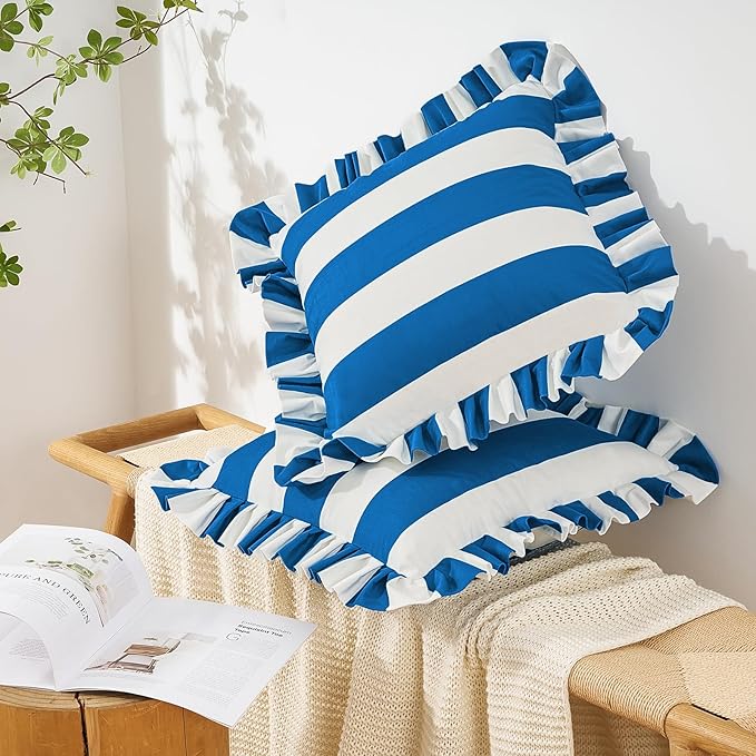 MONDAY MOOSE Decorative Throw Pillow Covers, Set of 2 Water-Resistant Striped Design with Ruffle Edge for Outdoor/Indoor Use, Pillow Inserts Not Included (22x22 inch, White/Blue)