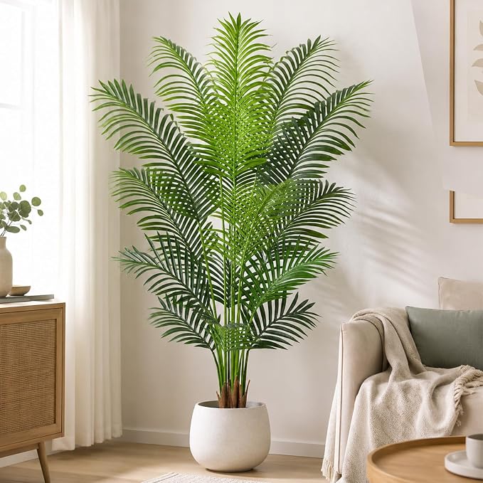 5.2ft Artificial Palm Tree Indoor Plant Tall Fake Tropical Paradise Palm Tree in Pot with Real Bark Design Faux Areca Palm Tree for Home Office Living Room Bedroom Farmhouse Modern Decor 1pcs