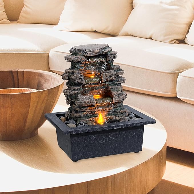MAOCHI Tabletop Water Fountain, Home Décor Soothing Sound Machine with Automatic Pump, Deep Basin and Natural River Rocks. Indoor Zen Relaxation for Office, Living Room, or Bedroom Décor.