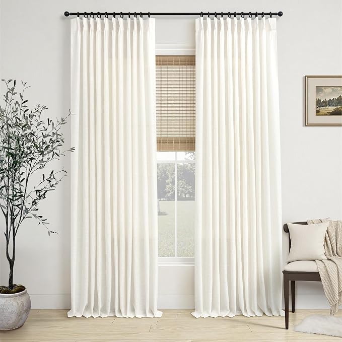 Light Filtering Natural Linen Pleated Curtains 63 Inches Long Ivory Cream Linen Curtain 70 Inch Wide Textured Semi Sheer Back Tab Boho Pinch Pleat Drape for Bedroom Living Room 2 Panels 70 x 63 Length
