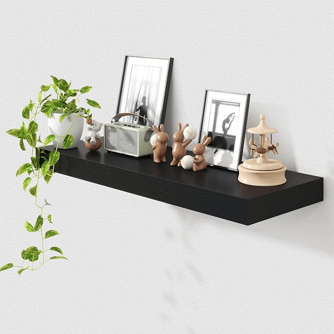 FLYJOE 12 Inch Deep Floating Shelves 36 Inches Long | 36'' Black Shelves for Wall Set of 1, 36'' x 12'' Rustic Black Wood Shelves for Living Room Bathroom Laundry Room Kitchen