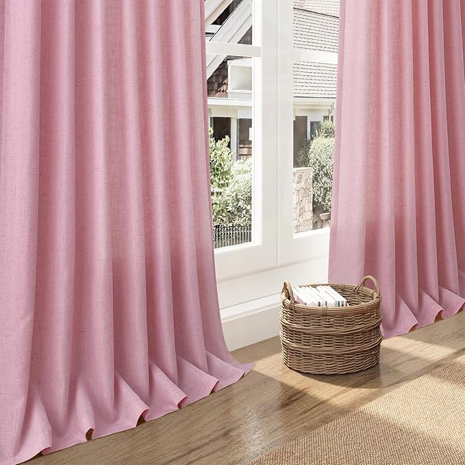Nanspring Rose Linen Curtains 108 Inches Long 2 Panels Set with Back Tab Loop Pocket Light Filtering Semi Sheer Boho Decor Extra Long Drapes for High Ceiling Living Room 52x108