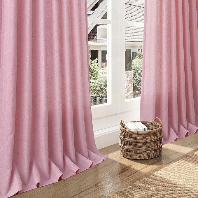 Rose Linen Curtains 84 Inch Long 2 Panel Set with Back Tab Rod Pocket Light Filtering Privacy Semi Sheer Textured for Neutral Farmhouse Style Bedroom and Living Room 52x84