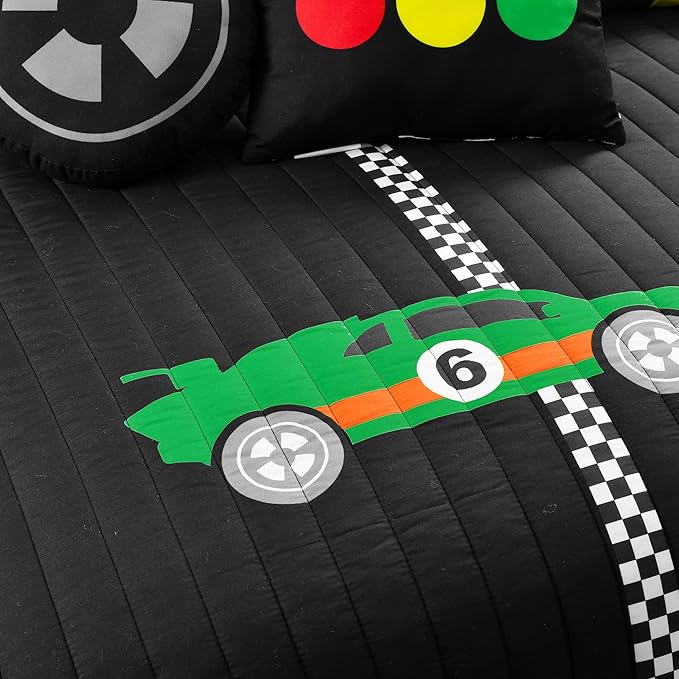 Lush Decor Racing Cars Reversible Quilt Queen Size 5 Piece Set Full/Queen Black & Multi - Kids Bedding Set Queen Quilt - Car Decor