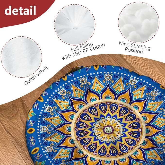 Mandala Meditation Cushion, Boho Meditation Mat, Meditation Pillows for Sitting on Floor, Cushions for Sitting in Home and Outdoor, Round Floor Pillows Cushion Seating for Yoga Accessories 22'' X 22''