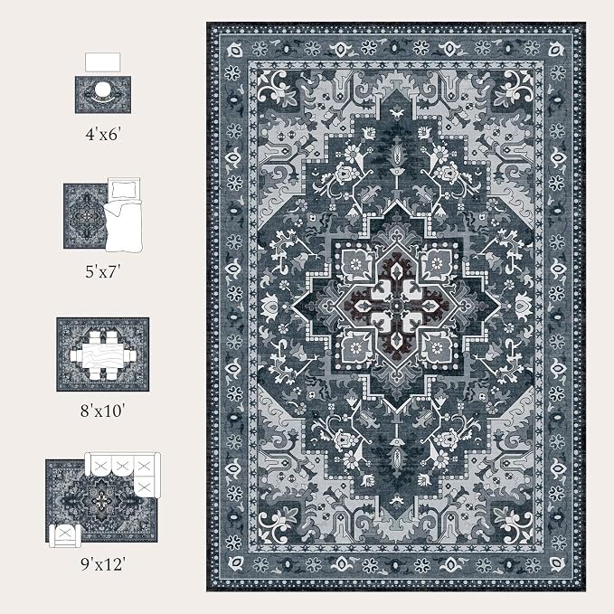 Rugflix 3x5 Area Rugs Machine Washable, Dark Navy Blue Carpet for Entryway, Oriental Indoor Area Rug Low Pile, Small Soft Thick Carpets Non Slip, Farmhouse Vintage Rug for Kitchen Laundry Room
