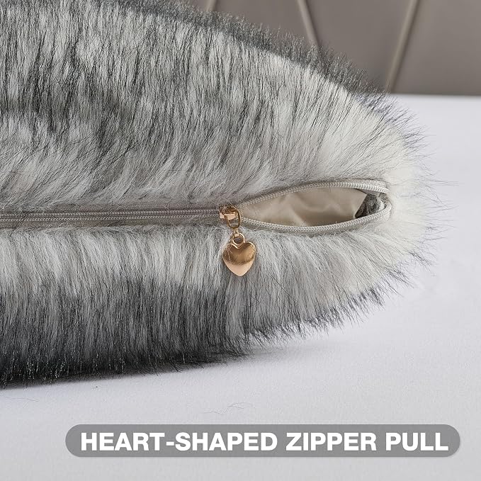 FUTEI Pack of 2 Faux Raccoon Fur Plush Throw Pillow Covers 18x18 Inch Soft Fluffy Farmhouse Decorative Cushion Case Modern Luxury Accent for Couch Bed Living Room, Grey White