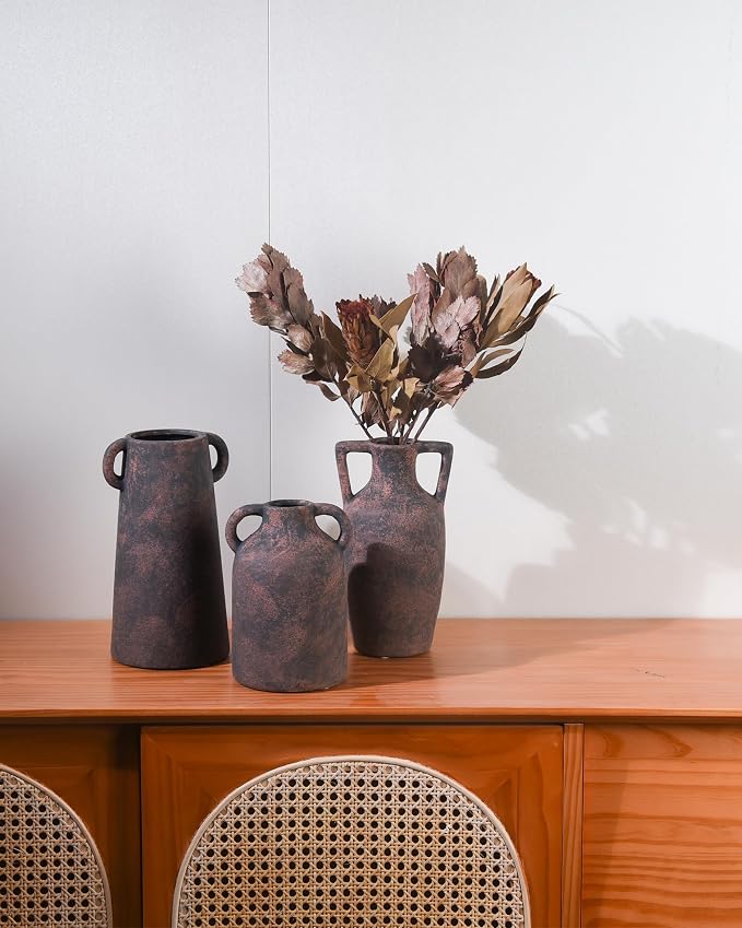Ceramic Vase Set of 3 with Handles, Rustic Farmhouse Home Decor | Antique brown pottery finish for table, mantel, entryway, bookshelf, living room, and modern farmhouse decor