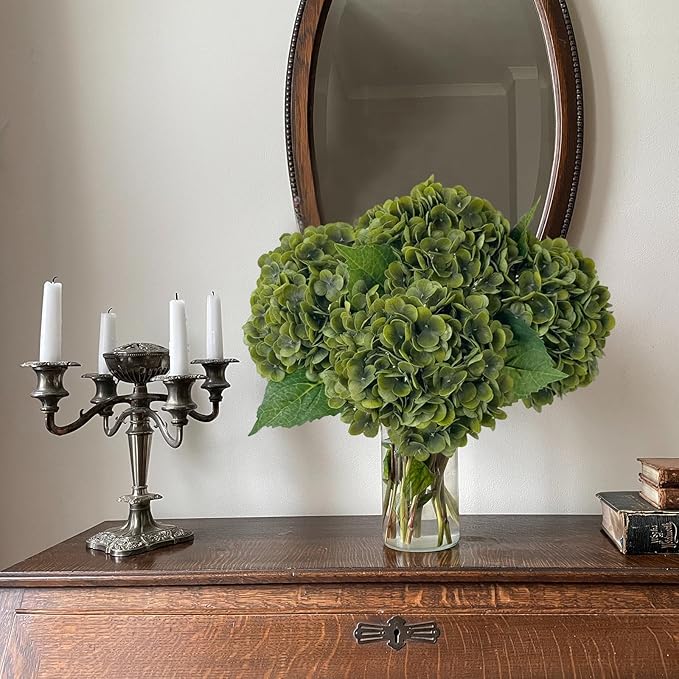 YalzoneMet 4Pcs Dark Green Real Touch Hydrangea Artificial Flowers 21'' Faux Latex Hydrangea Flowers for Fall Table Centerpieces Fake Flowers for Home Kitchen Living Room Boho Decor