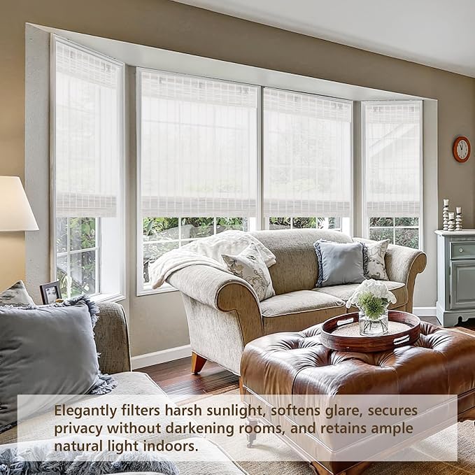 Sunbox Cordless Bamboo Roman Shade Blind, Woven Wood Roman Shades, Light Filtering Natural Bamboo Shades for Windows, French Doors, 39" W x 64" H, Pearly White