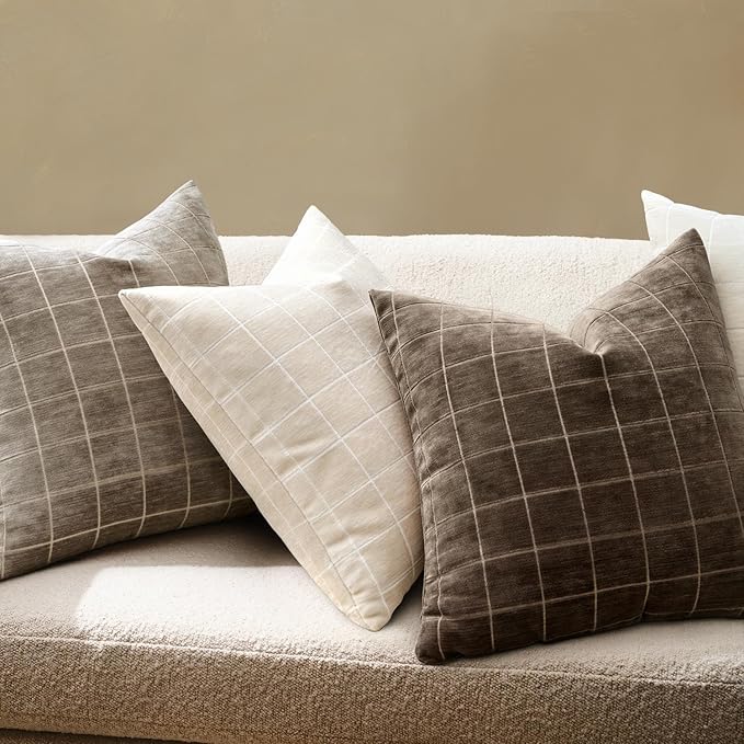 MIULEE Decorative Chenille Check Throw Pillow Covers Vintage Plaid Couch Pillows 22x22 Inch Set of 2 Neutral Boho Farmhouse Cushion Covers Modern Spring Home Decor for Sofa Bed Living Room Beige