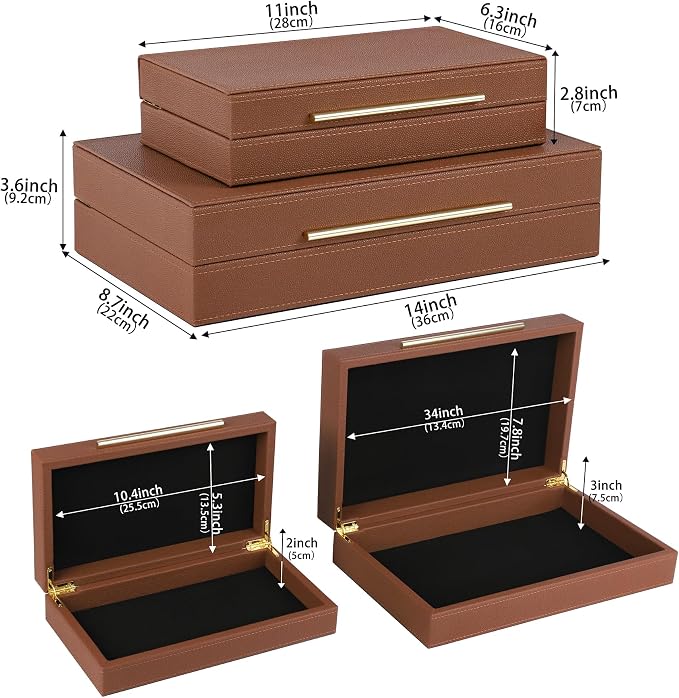 HofferRuffer Faux Leather Decorative Boxes Set of 2, Large Nesting Keepsake Box Accessory Organizer Jewelry Organizer with Hinged Lid, Stacking Storage Box Container for Home or Office (Brown)