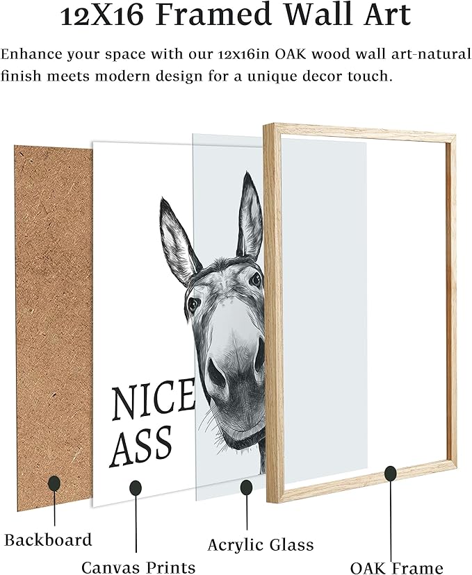 UPWOIGH Funny Donkey Oak Framed Canvas Wall Art, 12x16in Black and White Donkey Print for Bedroom Living Room Bathroom Wall Decor, Humorous Poster Aesthetic Gift Idea, 1Pack