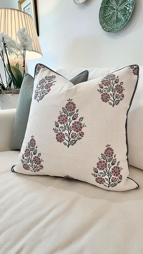 Jillien Harbor “The Sutton” Burgundy & Deep Green Floral Block Print Pillow Cover – Off-White Decorative Festive Throw Pillow Cover – Grandmillennial Home Decor, 20" x 20"