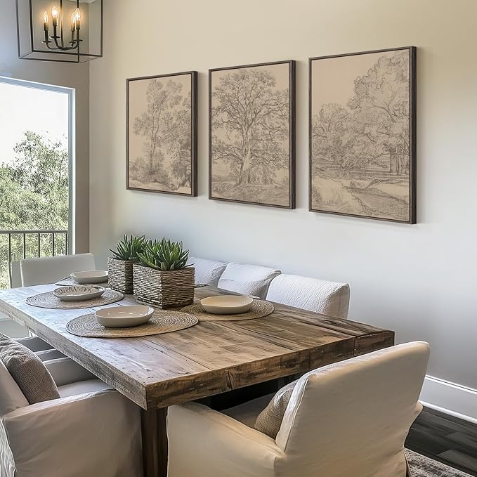 Framed Neutral Vintage Landscape Wall Art for Living Room, 3 Piece Large Tree Sketch Rustic Canvas Artwork for Walls, Brown Forest Wabi Sabi Farmhouse Wall Decor for Bedroom Hallway Office, 20x30 Inch
