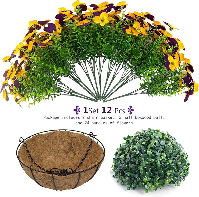 lovemoon 2 Set Artificial Outdoor Pansies Flowers with Hanging Baskets, 2 Hanging Planters with 24 Pcs Silk Pansy Flowers for Spring Easter Decorations Porch Patio Home Decor (2, Purple, Yellow)