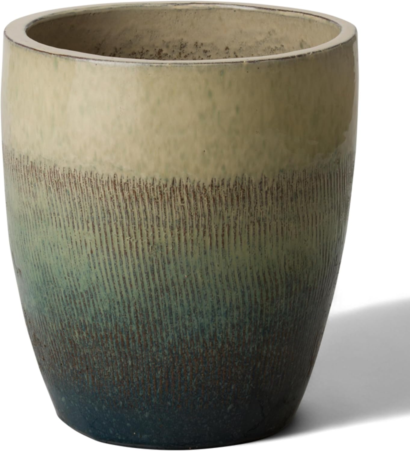 Emissary Bullet 14 in. Bayside Green Ceramic Round Planter (14 in. L x 14 in. W x 15.5 in. H) with Drainage Hole