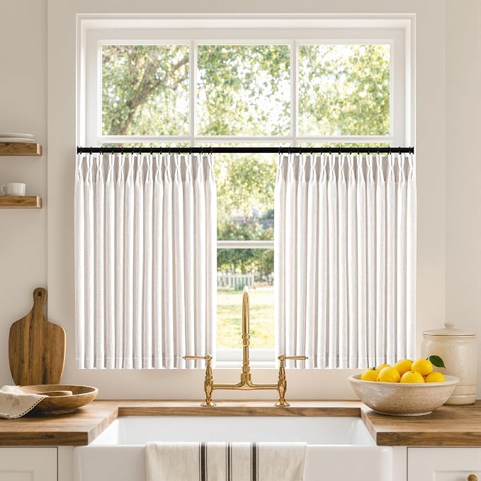 MIULEE Pinch Pleated Thick Linen Curtains 36 Inches Long 2 Panels for Kitchen Bedroom, Linen Textured Memory Trained Small Short Drapes Pleat Back Tab Light Filtering Natural Half Window Curtains