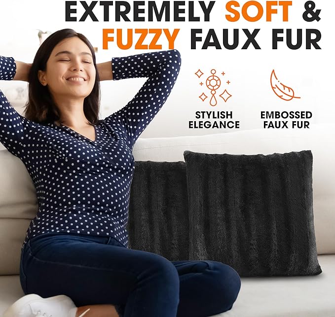 Cheer Collection Faux Fur Throw Pillows - Decorative Pillows for Couch, Bed Throw Pillows, Black Accent Pillows for Bedroom or Living Room Aesthetic, Set of 2 Furry Throw Pillows, 18”x18”