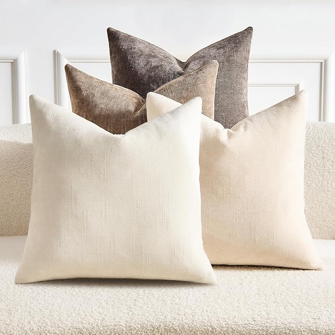 Pack of 4 Throw Pillow Covers 22x22 Inch Chenille Textured Neutral Soft Pillow Covers Solid Decorative Farmhouse Cushion Covers Home Boho Decor for Couch Sofa Bed Living Room