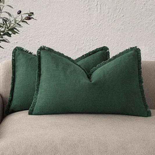 Foindtower Set of 2 Decorative Linen Fringe Lumbar Throw Pillow Covers Boho Farmhouse Cushion Cover with Tassels Soft Accent Pillowcase for Couch Sofa Bed Living Room Home Decor,12×20 Inch,Pine Green