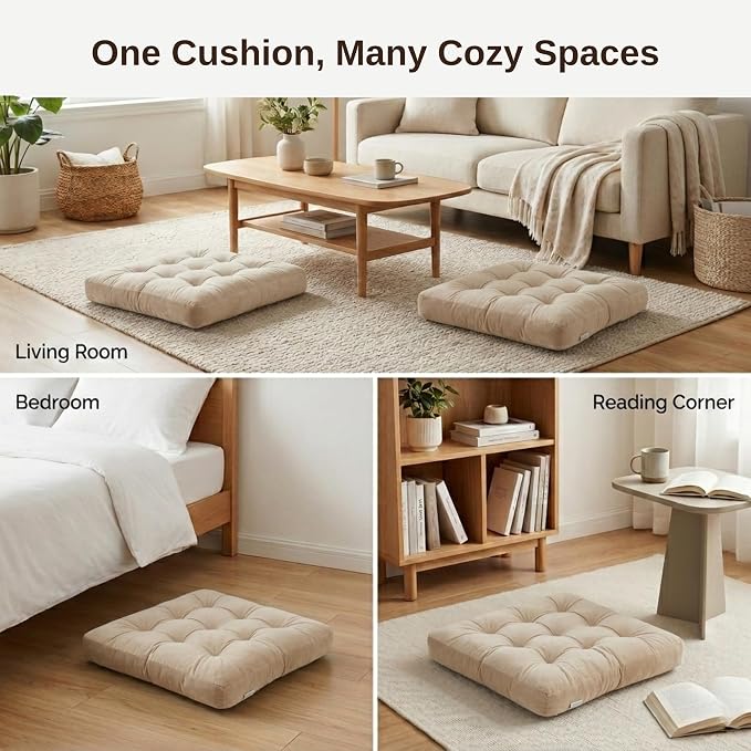 Floor Pillow for Adults, Soft Velvet Floor Cushion for Sitting, Single Square Tufted Floor Pillow for Reading Nook, Living Room, Bedroom, 22 x 22 Inch, Beige
