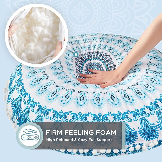 Codi Meditation Floor Pillow Set of 2, Round Large Pillows Seating for Adults, Bohemian Mandala Circle Cushion for Outdoor Fireplace Yoga Living Room, 32 Inch, Memory Foam Added, Aqua