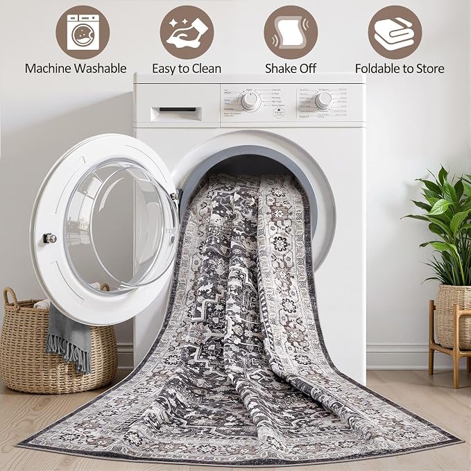 9x12 Area Rug Living Room: Washable Boho Large Vintage Moody Soft Rugs Distressed Oriental Stain Resistant Non-Slip Indoor Floor Carpet for Bedroom Playroom Office Dining Room Retro Home House- Black