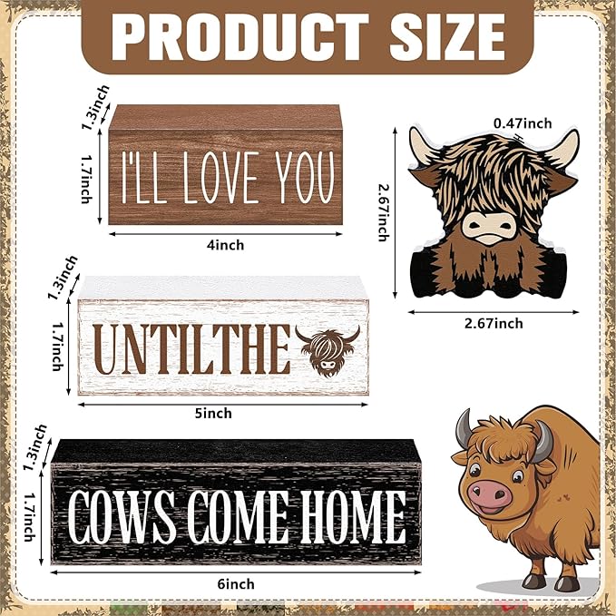 Marsui 4 Pcs Highland Cow Table Decorations Cow Wooden Signs Rustic Cow Tiered Tray Decor Western Tabletop Centerpieces Farmhouse Distressed Highland Cow Decor for Home Desk Room Kitchen Shelf Decor