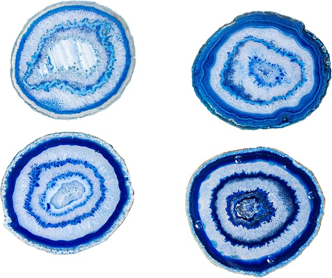 Nature's Decorations Blue Agate Stone Coasters - Set of 4, Polished Geode Drink Mats for Dining & Coffee Table & Kitchen Geode Decor Non-Toxic 4.5-5" Diameter