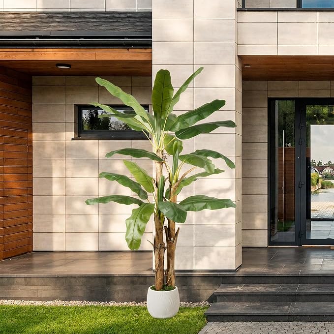7FT Artificial Banana Tree with Realistic Banana Leaves Large Faux Tropical Plant Artificial Plants Outdoor Fake Tree for Patio Balcony Garden Home Office Indoor Decor (with Faux Moss)