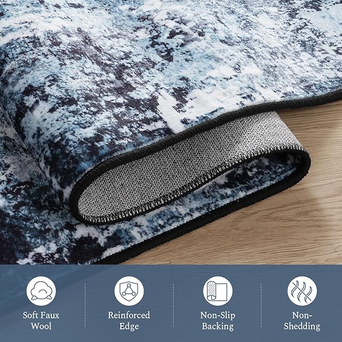 Rugflix 10x14 Area Rugs for Living Room, Washable Large Rug Stain-Resistant Low Pile, Modern Dark Carpet for Dining Room Home Office Kid Room Nursery Bedroom, Navy Blue/Black