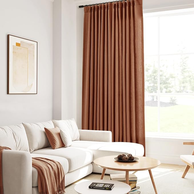 Guken Terracotta Pinch Pleated Linen Curtains 108 Inch Length 2 Panels for Living Room Bedroom Boho Farmhouse Country Privacy Light Filtering Semi Sheer Back Tab Drapes with Hooks for Nursery 40x108