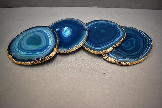 Nature's Decorations Teal Gold Rimmed Agate Coasters - Set of 4, Genuine Polished Stone Table Mats for Dining & Drinks Coffee Table & Kitchen Geode Decor Non-Toxic 4.5-5" Diameter