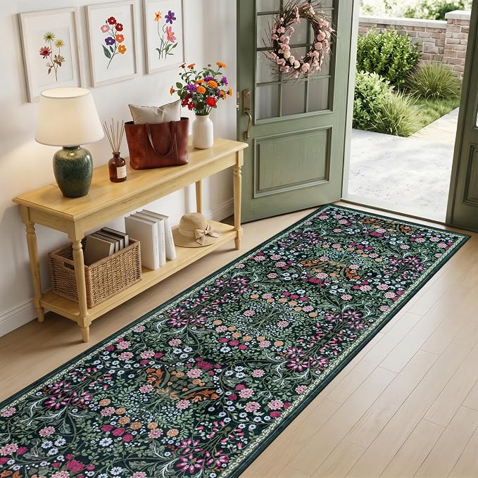 Runner Rug for Entryway: 2.6x10 Kitchen Rugs Non Slip Washable Ultra-Thin Soft Floral Carpet Indoor Floor Stain Resistant Carpets for Hallway Bedroom Kitchen Laundry Bathroom Dorm Dark Green