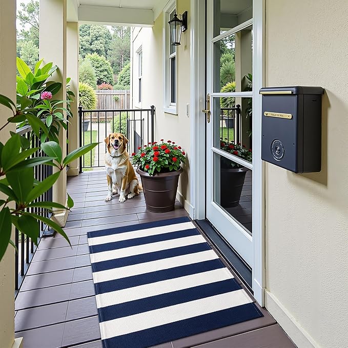 OLANLY Navy and White Striped Rug 2'4" x 3'7" (27.5" x 43") – Washable Cotton Indoor Outdoor Doormat for Front Door, Entryway, Kitchen, Porch, Patio Decor