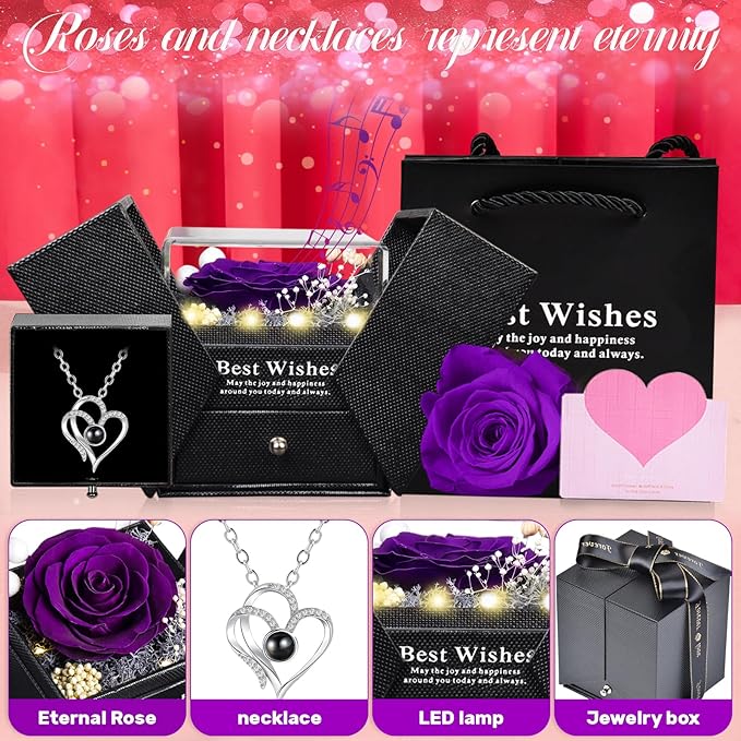Pasuvsigt Valentines Day Rose Gifts for Her, Preserved Real Rose with I Love You Heart 100-Language Necklace, LED Lights & Music Box, Anniversary Birthday Valentines Gifts for Women Girlfriend Mom