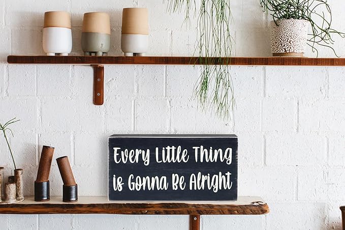 Esur Every Little Thing is Gonna Be Alright Birds Wooden Box Sign - Farmhouse Art Home Desk Shelf Tabletop Wall Black Decor