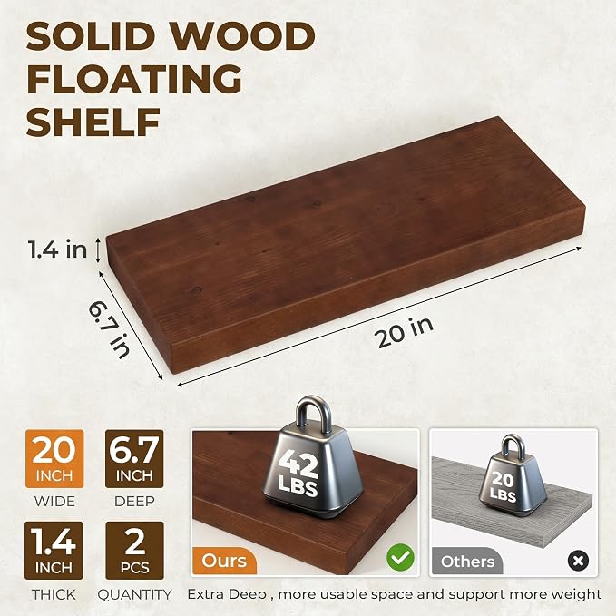 20 inch Floating Shelves for Wall, High End Solid Real Wood Floating Shelf with Heavy Duty Invisible Bracket 20in Long Wooden Wall Shelves for Living Room, Bedroom, Kitchen, Bathroom, Set of 2, Walnut
