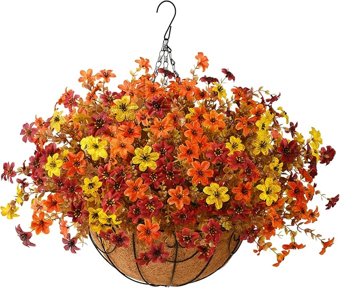 Artificial Flowers Fall Hanging Basket Plants for Outdoor Decorations, Fake Mums Faux Silk Flower UV Resistant Autumn Decor for Outside Garden Patio Front Porch Balcony Window (Orange Yellow Brown)
