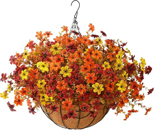 Artificial Flowers Fall Hanging Basket Plants for Outdoor Decorations, Fake Mums Faux Silk Flower UV Resistant Autumn Decor for Outside Garden Patio Front Porch Balcony Window (Orange Yellow Brown)