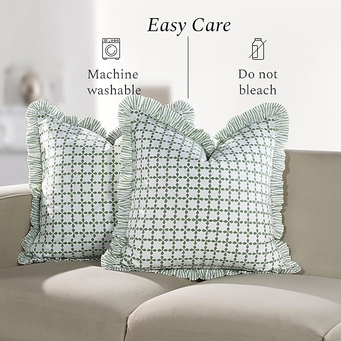 CPC Kelly Green Hand Block Print 100% Cotton Ruffle Throw Pillow Cover 18x18 inch with Hidden Zipper Decorative for Couch, Bed, Sofa, Farmhouse, Cottagecore Decor Gift Christmas Fall Thanksgiving