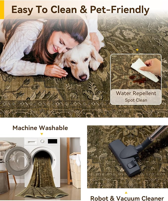 RELEANY Area Rugs Large 10'x12' Washable Non-Slip, Floral Vintage Distress Medallion Carpet for Living Room Bedroom Dining Room, Brown Dark Brown