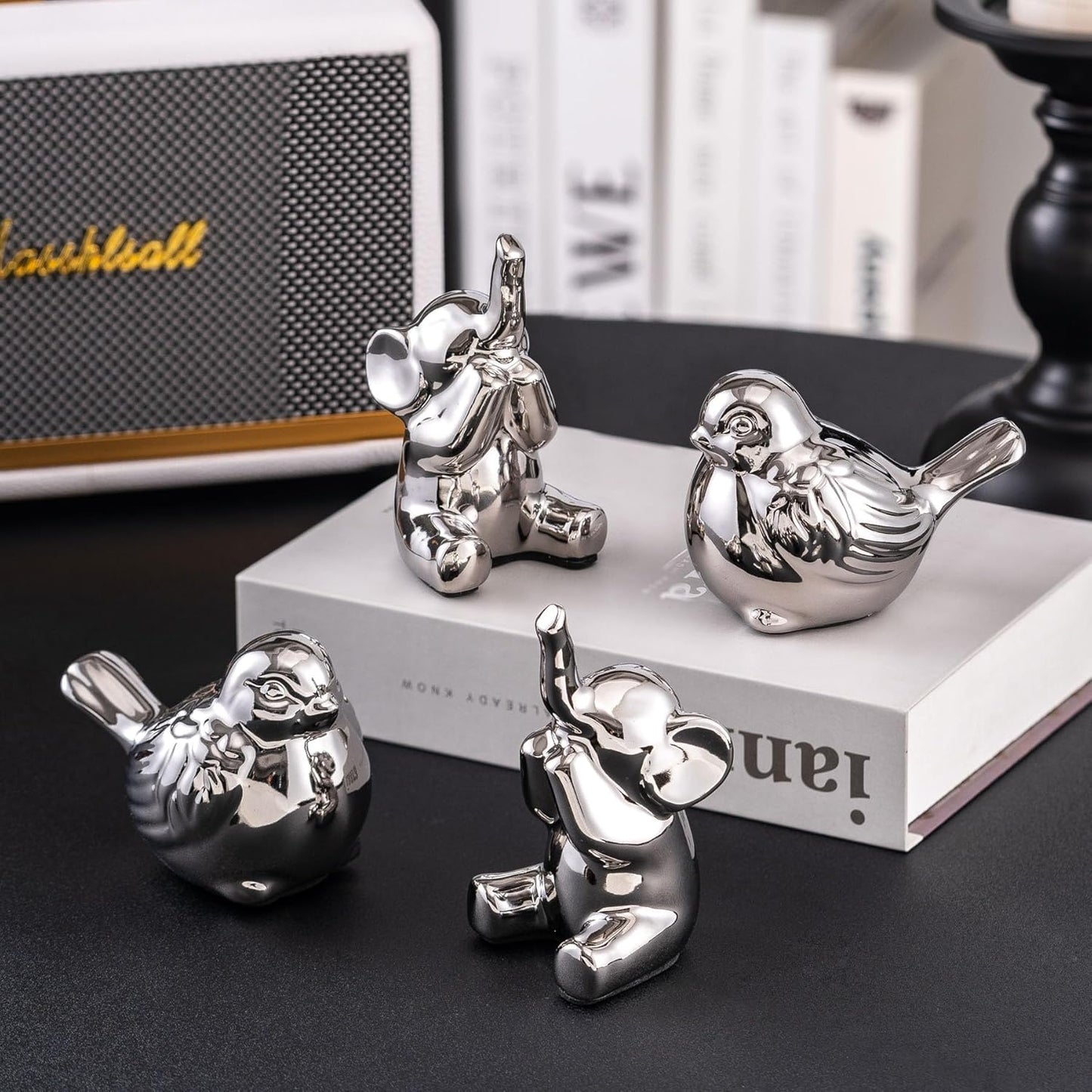 Loving Pair of Small Silver Elephant Statues Silver Home Decor Modern Boho Style Figurine Decorative Ornaments for Living Room, Bedroom, Office Desktop, Cabinets, Shelf