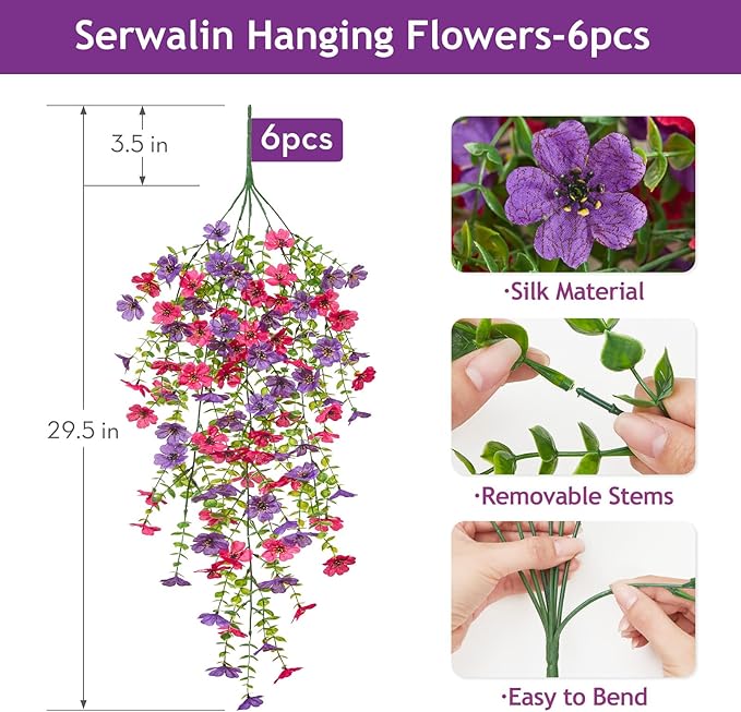 Serwalin 6PCS Artificial Hanging Flowers for Outdoors, UV Resistant Fake Hanging Plants, Realistic Weatherproof Outdoor Decor for Patio, Porch, Garden & Window (Purple& Hot Pink,6PCS)