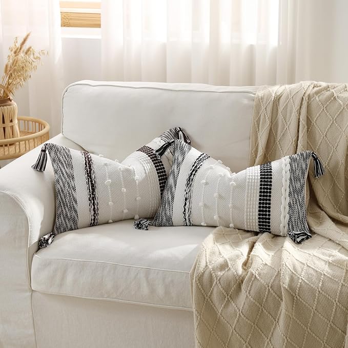 Boho Lumbar Pillow Cover 12x20 Chocolate Brown - Handmade Woven Textured Throw Pillow Case with Cordings & Tassels, Decorative Accent for Couch Sofa Bed Farmhouse Living Room Bedroom Home Decor