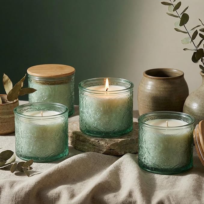 10 oz Green Mandala Glass Candle Jars with Bamboo Lids, 9 Pack | Patented Embossed Design, Includes Wick Centering Devices & Warning Labels, Multiple Color Options